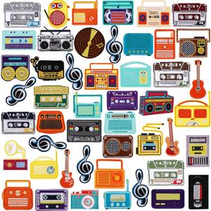 48 Pcs Music Style Patches Stickers Music Theme Iron on Patches Tape Radio Guitar Headphone Note Embroidery Vintage Patches Sew on Applique Patches for Clothes Hats Backpack Clothes DIY Accessory