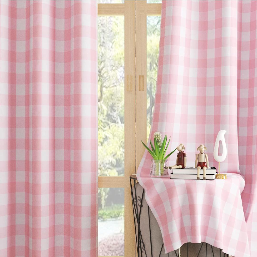 UPOPO Buffalo Check Window Curtains 63 inches Long Living Room Bedroom Cotton Plaid Gingham Farmhouse Rustic Decor Curtains 2 Panels Rod Pocket Kitchen Basement Curtain Panels Pink White 52"x63"