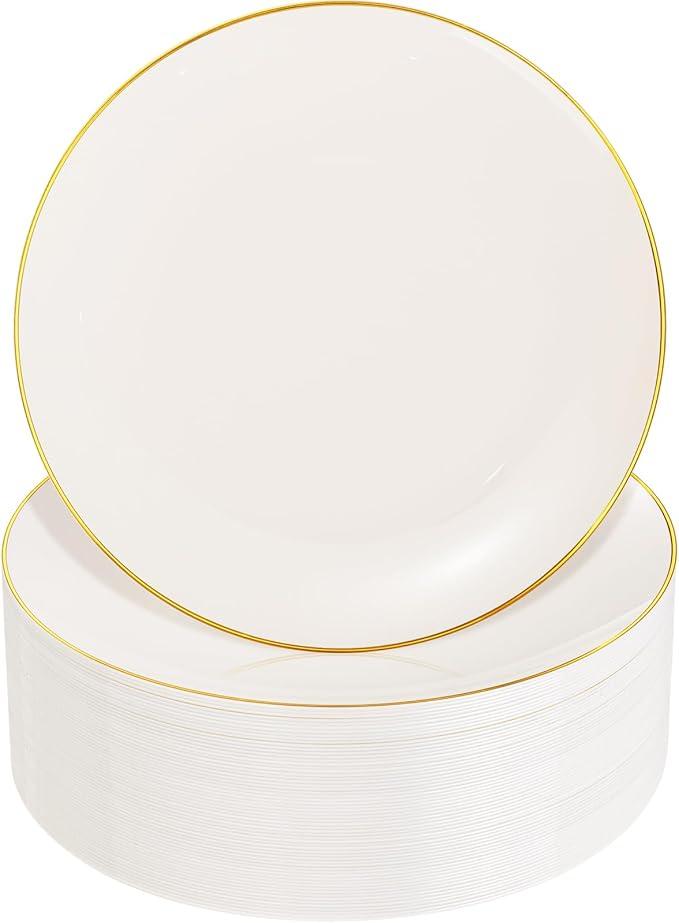Nervure 100Pcs Ivory and Gold Plastic Plates - 10.25 Inch Disposable Ivory Dinner Plates - Heavy Duty Plastic Plate Ideal for Wedding & Party 