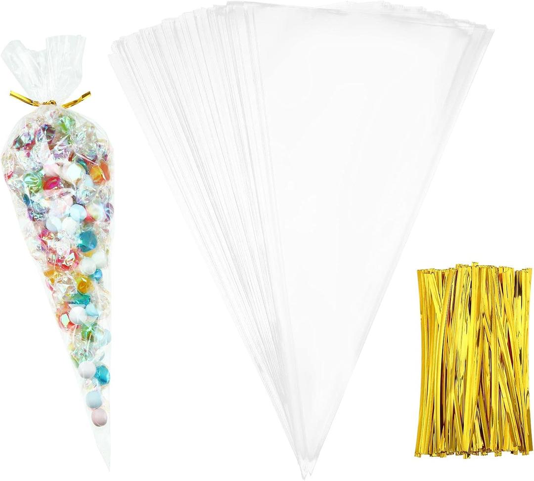 Outus 100 Pcs 7 x 12 Inch Cone Shaped Clear Cello Cellophane Treat Bags Medium Transparent Cone Cello Sweet Treat Bags with 100 Pieces Twist Ties for Party Favor(Gold Twist Ties)