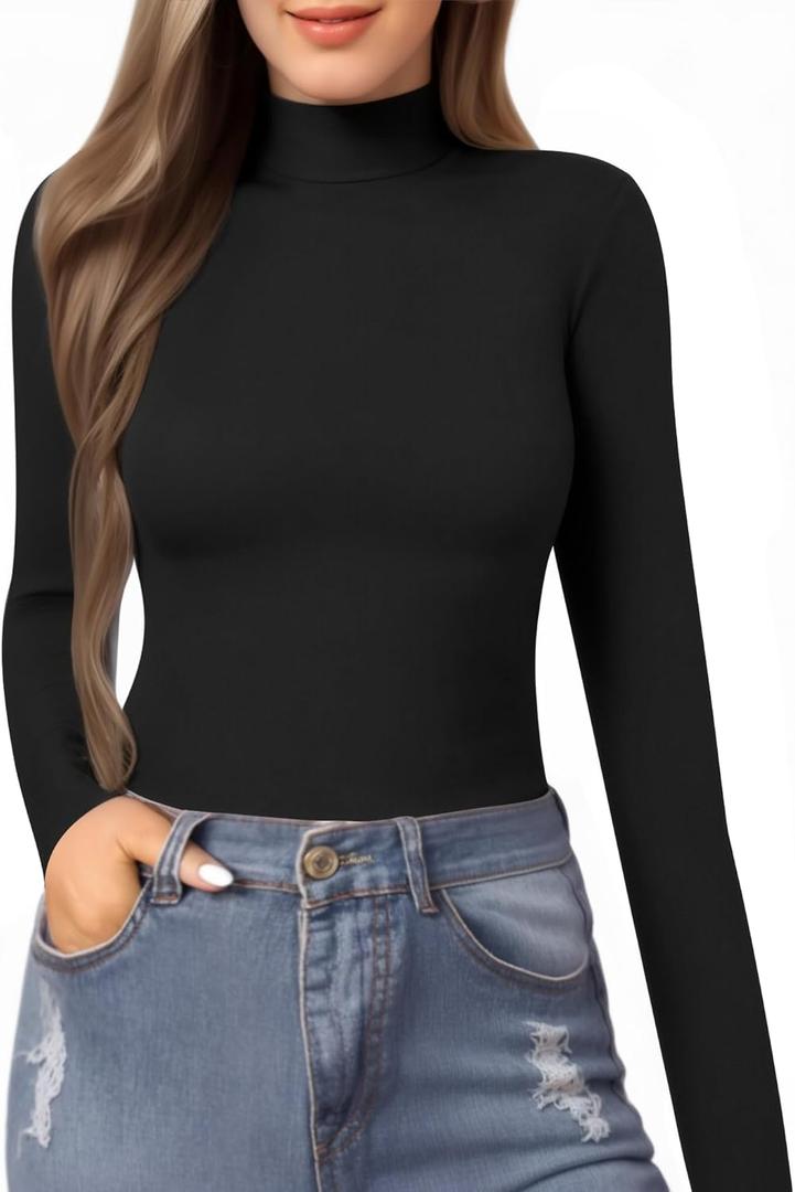 MANGOPOP Women's Mock Turtle Neck Slim Fit Long Sleeve Shirts Fall Fashion Tight Tops Basic Tee Winter Undershirt (Large, 01 Black)
