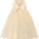 Uhnice Flower Girl Pearl Dress Tulle Ball Gown Bow Prom with Heart Cutout for Wedding Birthday Party (2-3T, Champagne)