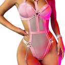 FEOYA Women Cutout Bodysuit Mesh Sheer One Piece Lingerie Leather Leotard for Cosplay Party Club (Small)
