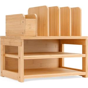 Homde Bamboo Desk Organizer with File Holder, Office Organization for Desks with Adjustable Pen Holding, Desktop Letter Paper Tray Storage for Workplace Home School (3-Tier,Natural)