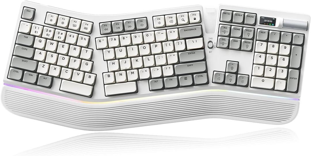 Ergonomic Mechanical Keyboard with Smart Screen & Volume Roller, Wireless 2.4G/Bluetooth/Wired USB-C, 106-Key Low-Profile Switches Hot Swappable, RGB LED Backlit, Web-Based Programmable, Grey