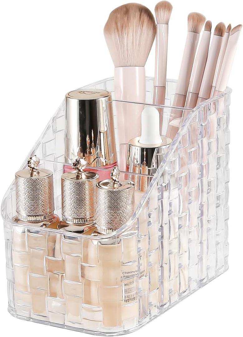 DASITON Makeup Brush Holder Organizer, 3 Slots Acrylic Makeup Brushes Storage Cup, Woven Texture Make Up Brush Holder for Vanity Bathroom Office, Pen Holder for Desk, Cosmetic Display Cases (Clear M)
