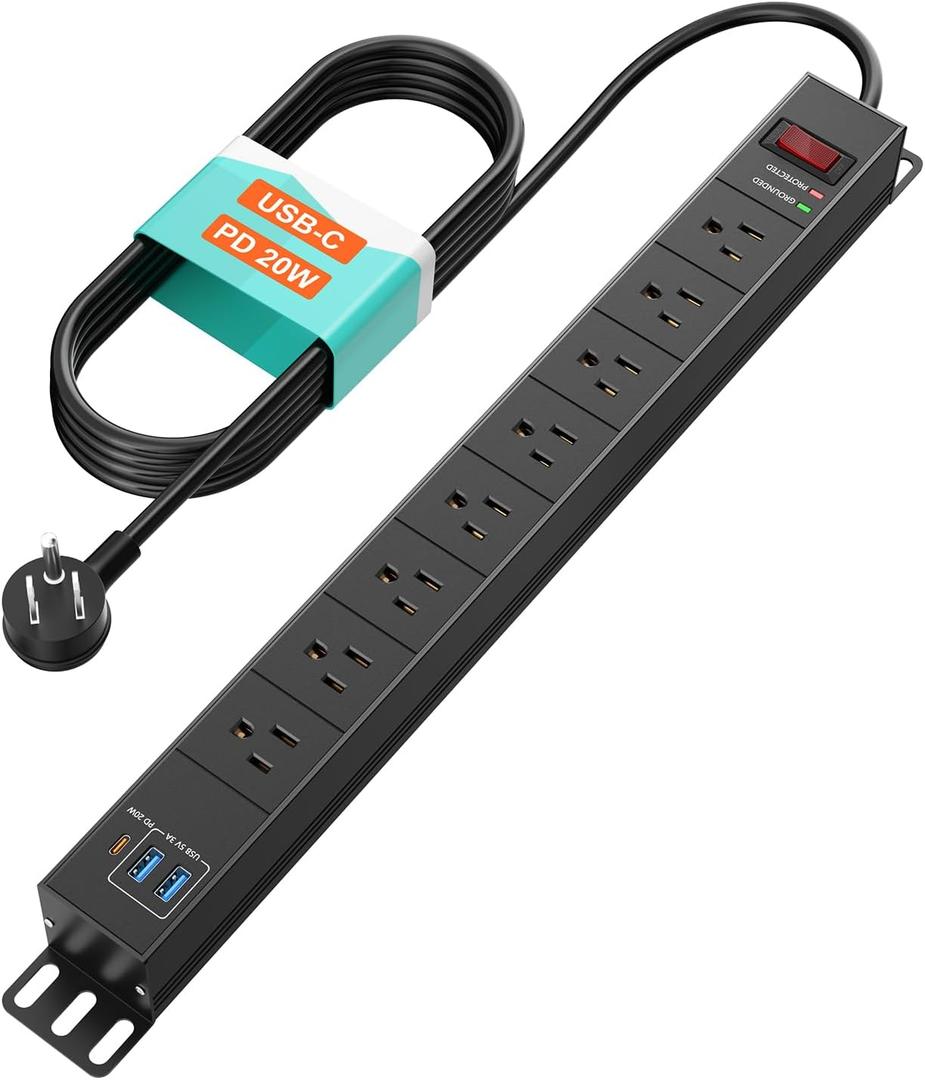 QBA 8 Outlet Metal Power Strip with USB C PD 20W, Heavy Duty Wide Spaced Outlets, Wall Mount for Home Office Garage Workshop, 6ft Cord, Black