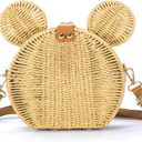 Round Rattan Straw Bag Purse for Women Handmade Cute Mouse Ear Wicker Woven Purse Crossbody Shoulder Bag Handbag (Khaki)