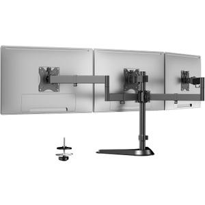 Triple Monitor Stand, Full Motion Adjustable Arm Fits 3 Screens up to 27 inch, Free Standing Desk Stand with Base and Cable Management, 22 lbs Weight Capacity per Arm, 75/100 mm VESA, Black
