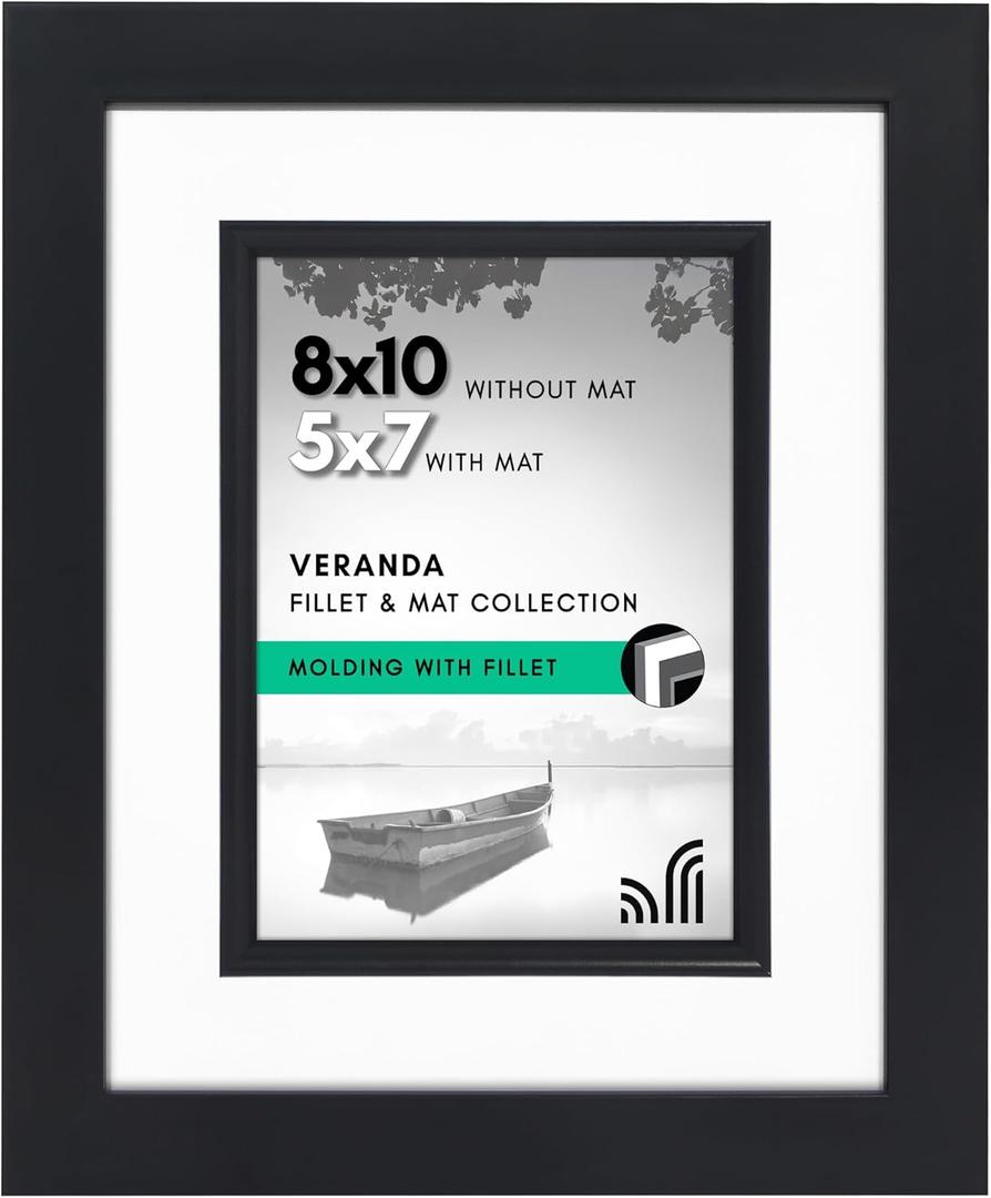 Americanflat 8x10 Picture Frame with Decorative Inner Mat Accent - Displays 5x7 Photos with Mat or 8x10 Without - Veranda Collection - Black Statement Frame with Shatter-Resistant Glass