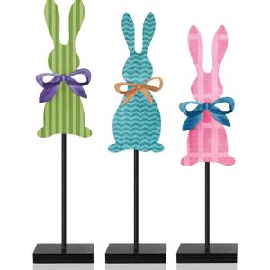 3 Pcs Easter Bunny Table Decorations Wooden Bunny Tabletop Decor Rustic Rabbit Block Sign Farmhouse Spring Centerpiece Easter Decor for Home Mantel Office Desk