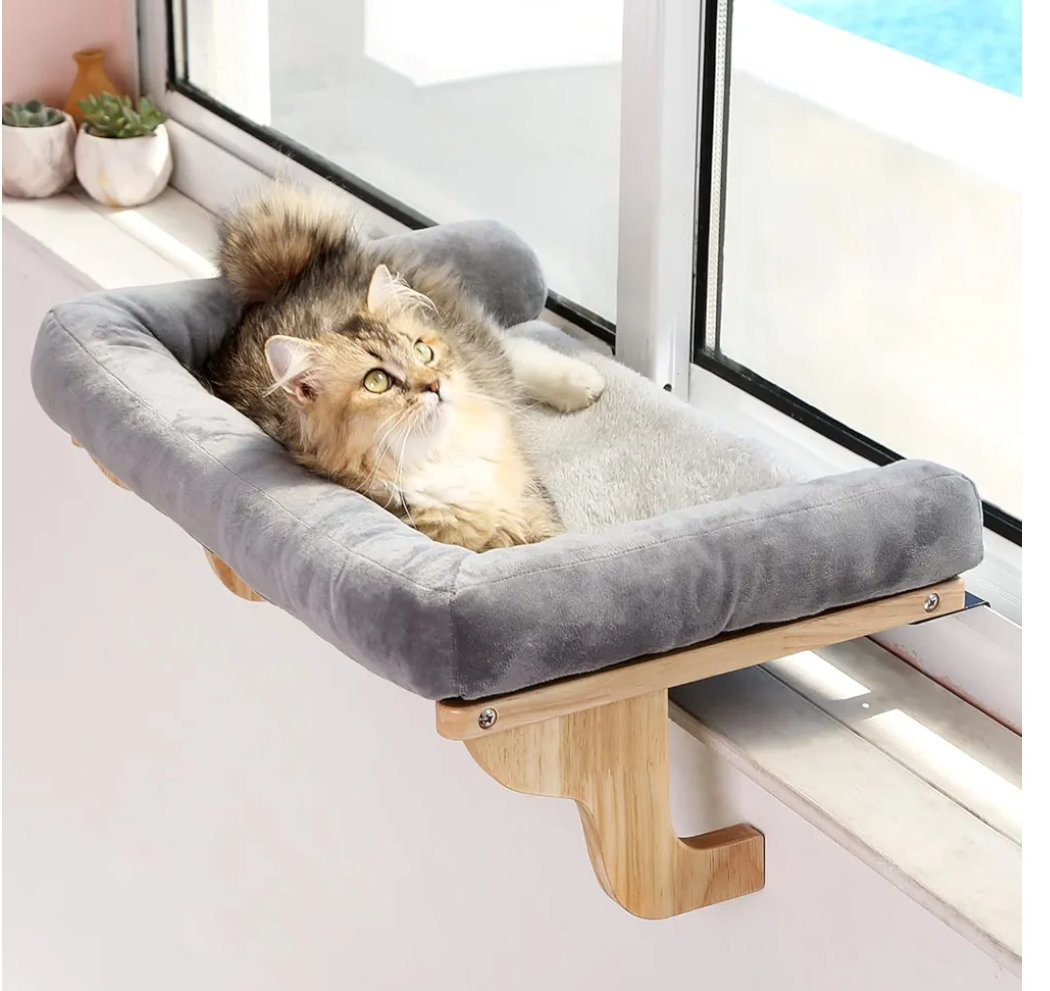 Zakkart Cat Perch for Window Sill with Bolster - Orthopedic Hammock Design with Premium Hardwood & Robust Metal Frame - Cat Window Seat for Large Cats and Kittens - Natural Color Wood Gray Bed, 24''W
