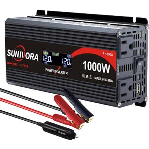 1000 Watt Inverter with LCD Display 12V DC to 110V/120V AC 2000 Watt(Peak) Car Power Inverter with 2 AC Outlets 20W PD USB-C and 18W QC USB-A Power Converter for Car, Laptops, Road Trip (1000W-LCD-Type-C)