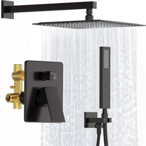 Shower System, Matte Black Shower Faucet Set, 12 Inch Rain Shower Head with Handheld Spray, High Pressure Shower Head System with Shower Valve and Trim Kit, Wall Mounted Shower Head Set