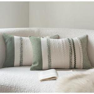 Cethom Boho Throw Pillow Covers 12x20 Inch Set of 2, Green Textured Decorative Couch Pillow Cases for Farmhouse Home Decor, Accent Cushion Cover for Sofa, Bed, Living Room, Bedroom