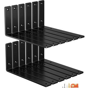 12-Pack 8 Inch Heavy Duty Shelf Brackets, Premium Floating L Bracket for Wall, Kitchen, Mantel Shelves Support | Quarter Inch (1/4") Thick | Black Powder Coated Steel