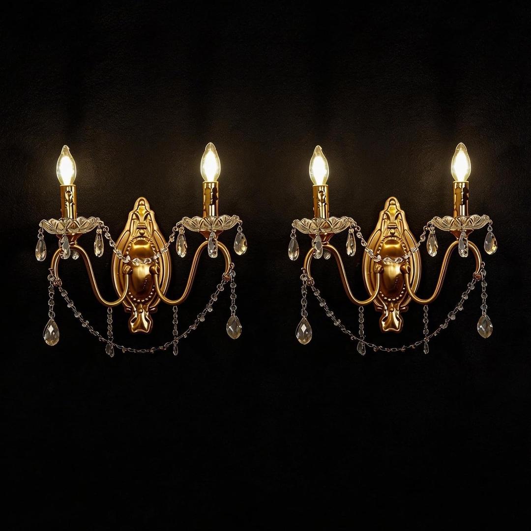 French Vintage Crystal Wall Sconce, Victorian 2-Light Gold Iron Finish, E12 Traditional Candle Style Wall Lamp for Bedroom, Hallway, Living Room, Bathroom Vanity (2-Pack, 2 Light Sources)