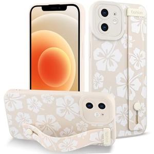 Fiyart Designed for iPhone 12 Case Cute Flowers with Strap Soft TPU Phone Cover Protective Camera Lens Protection for Women Men Floral Bumper with Stand 6.1"-White