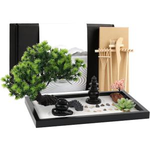 Zen Garden Kit for Desk Decor - Premium Beautiful Japanese Mini Sand Box Set Home, Office with Black Wooden Tray, White Sand, Rake Tools Desktop Meditation, Therapy and Accessories