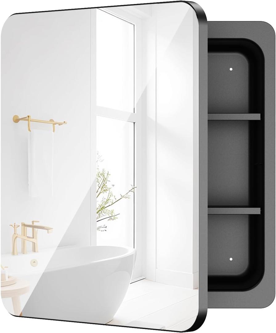 Rresyet 18" x 20" Bathroom Medicine Cabinet with Mirror Door & Adjustable Shelves, Black Metal Framed Wall Mounted Mirror Cabinet to Organize Medications, Skin Products, Beauty Tools etc