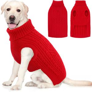 AOFITEE Large Christmas Dog Sweater, Turtleneck XXL Dog Sweater for Winter, Stretchy Knitwear Dogs Sweaters, Pet Knitted Pullover with Harness Hole for Pitbull, Golden Retriever, Labrador Red 2XL