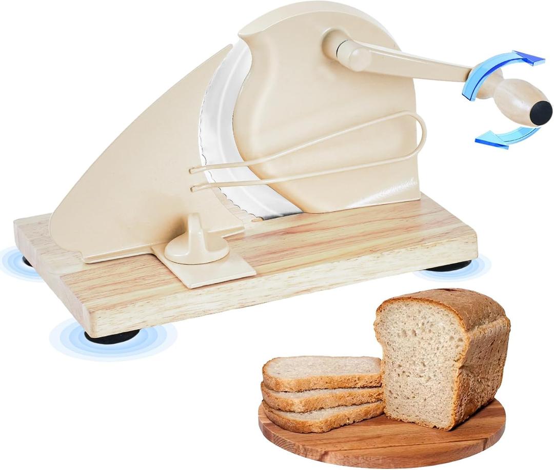 Manual Bread Slicer for Homemade Sourdough Bread, Adjustable Thickness Hand Crank Bread Slicer with Stainless Steel Blade and Suction Cup, for Even Slicing, Kitchen & Bakery Use, Milky White
