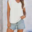 Cicy Bell Womens Summer Cap Sleeve T Shirts Casual V Neck Tops Loose Fit Basic Tees (White, L)