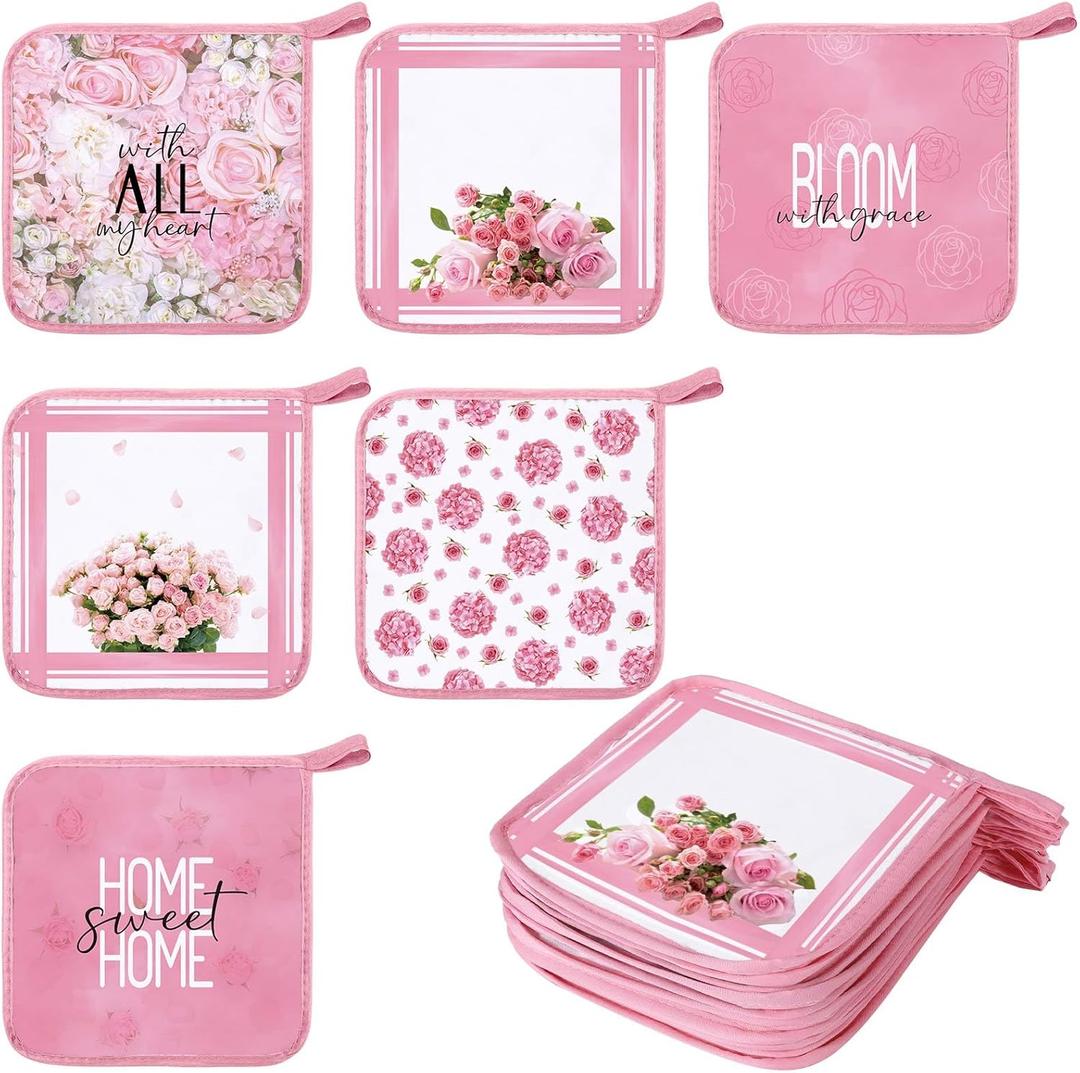 Bencailor 12 Pcs Pot Holders with Pocket Kitchen Hot Potholders Hot Pad Oven Mitts Cookie Bag Oven Gloves for Kitchen Gift Baking Cooking(Pink,Pink Rose)
