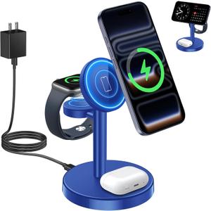 Aeinidi 2026 3 in 1 Wireless Charging Station Compatible with MagSafe, 15W Fast Magnetic Mag-Safe Charger Stand for Apple iPhone 17 16 15 14 13 12 iWatch AirPods Pro 4 3 2, Blue