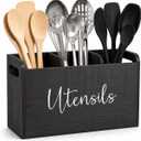 Black Kitchen Utensil Holder for Countertop Large 3-Compartment Cooking Utensil Organizer & Caddy with Drain Holes, Modern Wood Utensil Holder for Kitchen Counter, Spatula & Spoon Storage