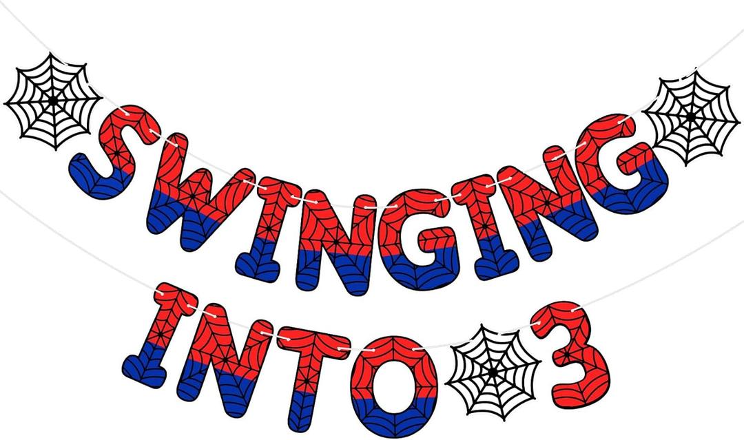 TaoBary Spider Theme 3rd Birthday Banner, Pre-strung Swinging into 3 Banner, Spider 3rd Birthday Decorations Party Supplies for Kids, Third Decor for 3 Year Old Boys Girls( Multicolor)