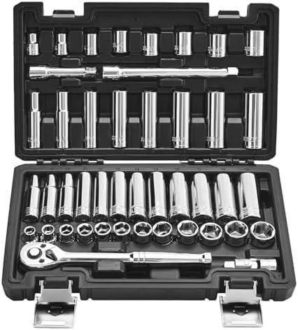 VEVOR Socket Set, 44 Pieces, 3/8 inch Drive Socket and Ratchet Set, SAE and Metric, Deep and Shallow, Mechanic Tool Kit with Accessories and Storage Case, CR-V Alloy Steel, for Automotive Repair