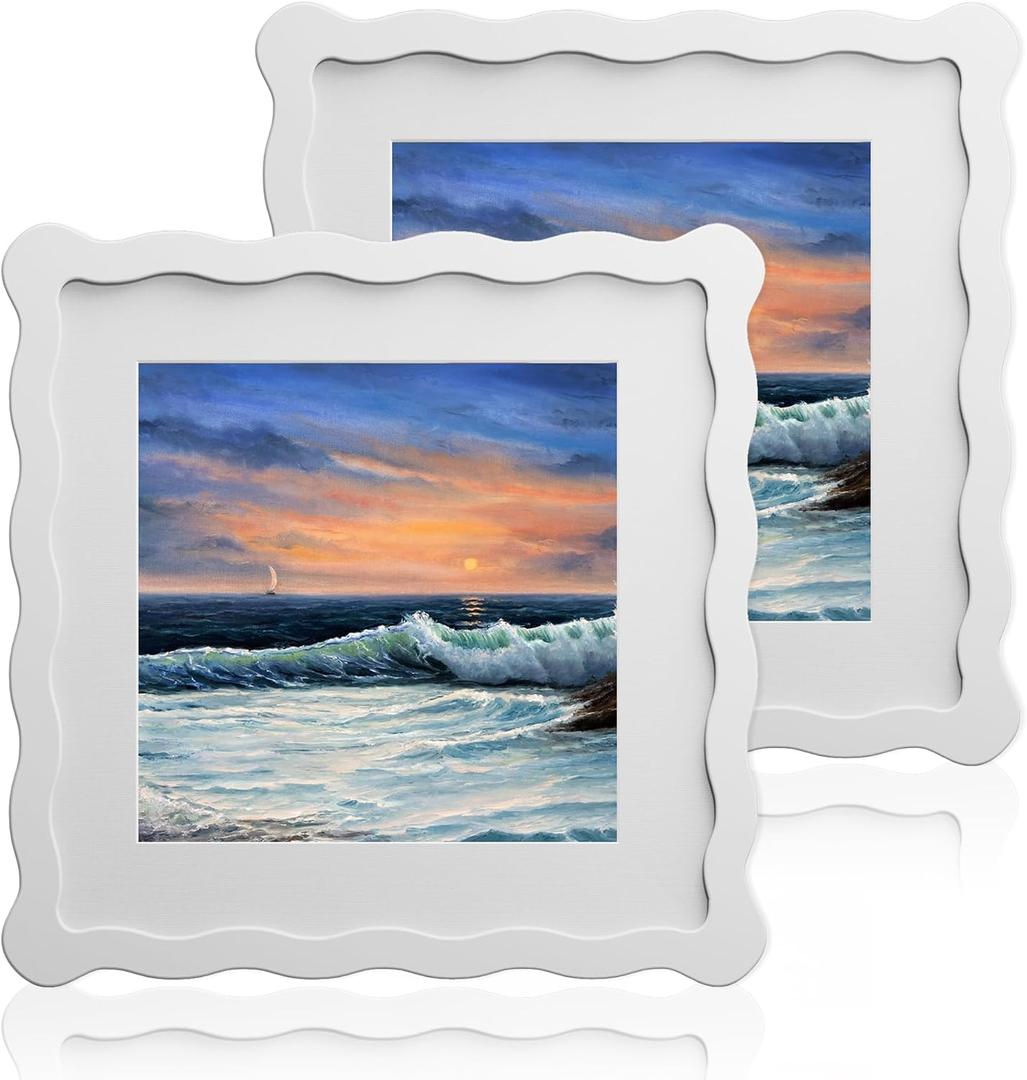 8X8 Wavy Picture Frame With Mat For 6X6, Wavy Edge Wooden Picture Frame with Real Glass - Wall Mount and Tabletop Display, White, 2 Pack