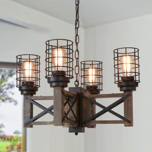 Eumyviv Wood Farmhouse Cage Rustic Chandelier Kitchen Island 4 Lights, 23.9" Industrial Dinning Table Pendant Lamp Vintage Edison Ceiling Light Fixture, Brown & Black(C0074) Eumyviv Wood Farmhouse Cage Rustic Chandelier Kitchen Island 4 Lights, 23.9" Industrial Dinning Table Pendant Lamp Vintage Edison Ceiling Light Fixture, Brown & Black(C0074)