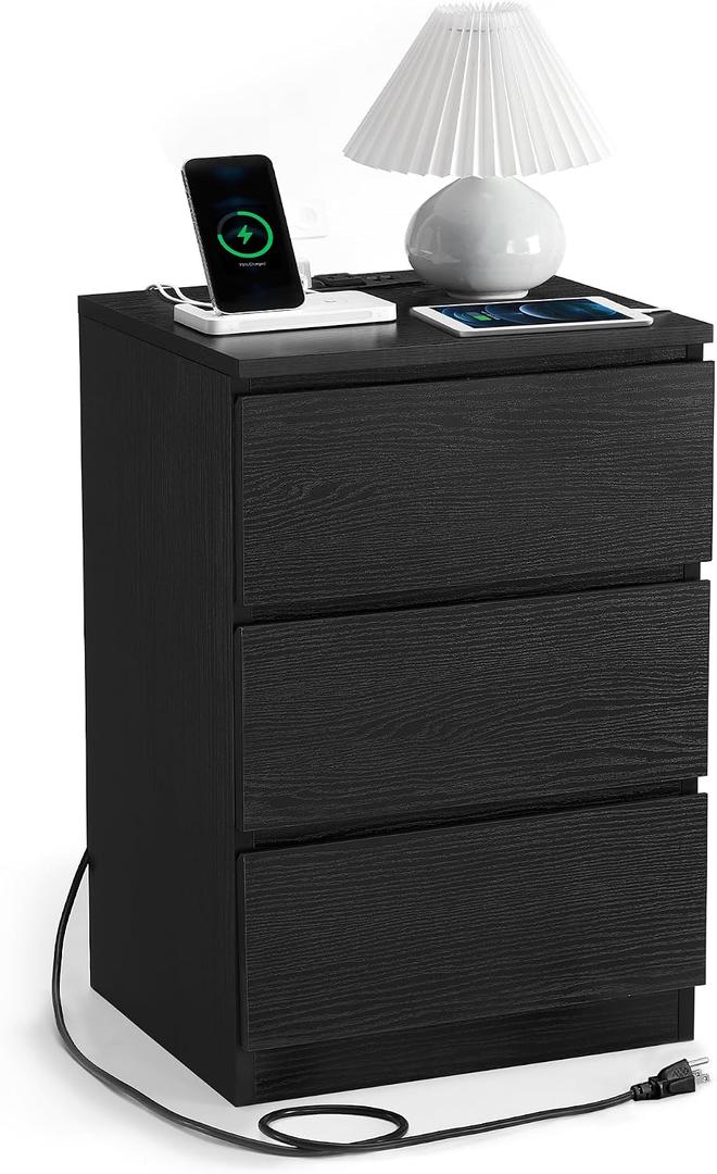 VASAGLE Nightstand with Charging Station, 2 AC Outlets and 2 USB Ports, Bedside Table, Side Table with 3 Drawers, Modern Style, 13.8 x 15.7 x 23.2 Inches, Ebony Black ULET631B58, 1 Pack