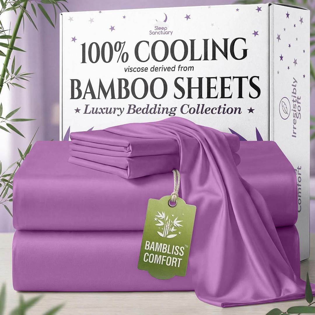 SLEEP SANCTUARY 100% Viscose Derived from Bamboo Sheets Twin Size 4pcs – BamBliss Luxury Cooling Sheets for Hot Sleepers - Cloud Soft, 17" Deep Pocket, Ultra Durable Bed Set (Purple)