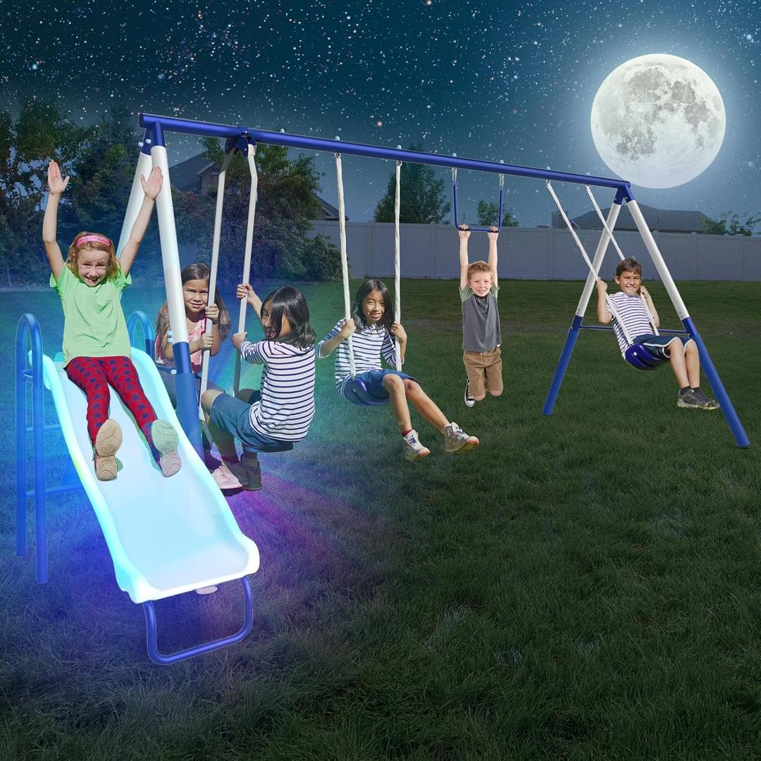 Sportspower Arcadia Star Burst Swing Set: Outdoor Heavy-Duty Metal Playset for Kids with LED Light Up Slide, Swings & Trapeze