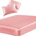 SiinvdaBZX 3-Piece Set Satin Queen Fitted Sheet & 2 Pillowcase, Blush Pink Silky Soft Fitted Bottom Sheet, Wrinkle Free, Fade Resistant, Deep Pocket Bed Sheet (Deep Up to 15") Twin