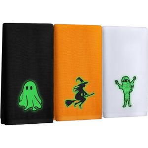 3 Pcs Halloween Glow in The Dark Hand Towels Halloween Embroidered Ghost Witches Skeleton Towels Gift for Kitchen Home Bathroom Summer Bar Decor