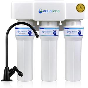 Aquasana Under Sink Water Filter | Certified 3-Stage Max Flow Filtration | Reduces up to 99.99% of PFAS, Lead, Chlorine, & More | Under Counter Drinking Water Filter | Matte Black Faucet | AQ-6300M-MB