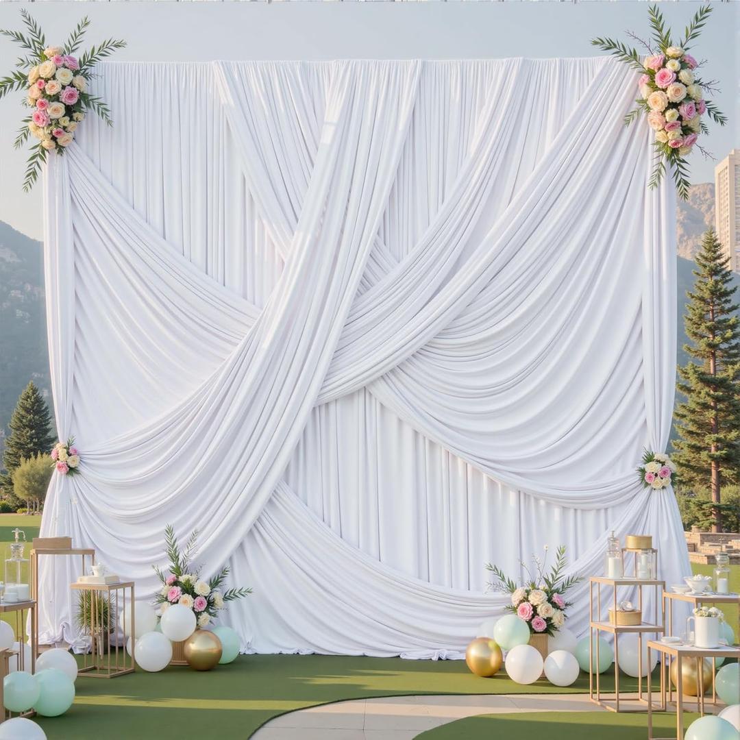 50x12 ft White Backdrop Curtains for Weddings Parties, Birthdays and Photos | 10 Panels 5x12 ft, Wrinkle-Free Polyester Drapes, Washable, Ironable, 4 in Rod Pocket for Baby Showers Photography Background, W5' x H12'