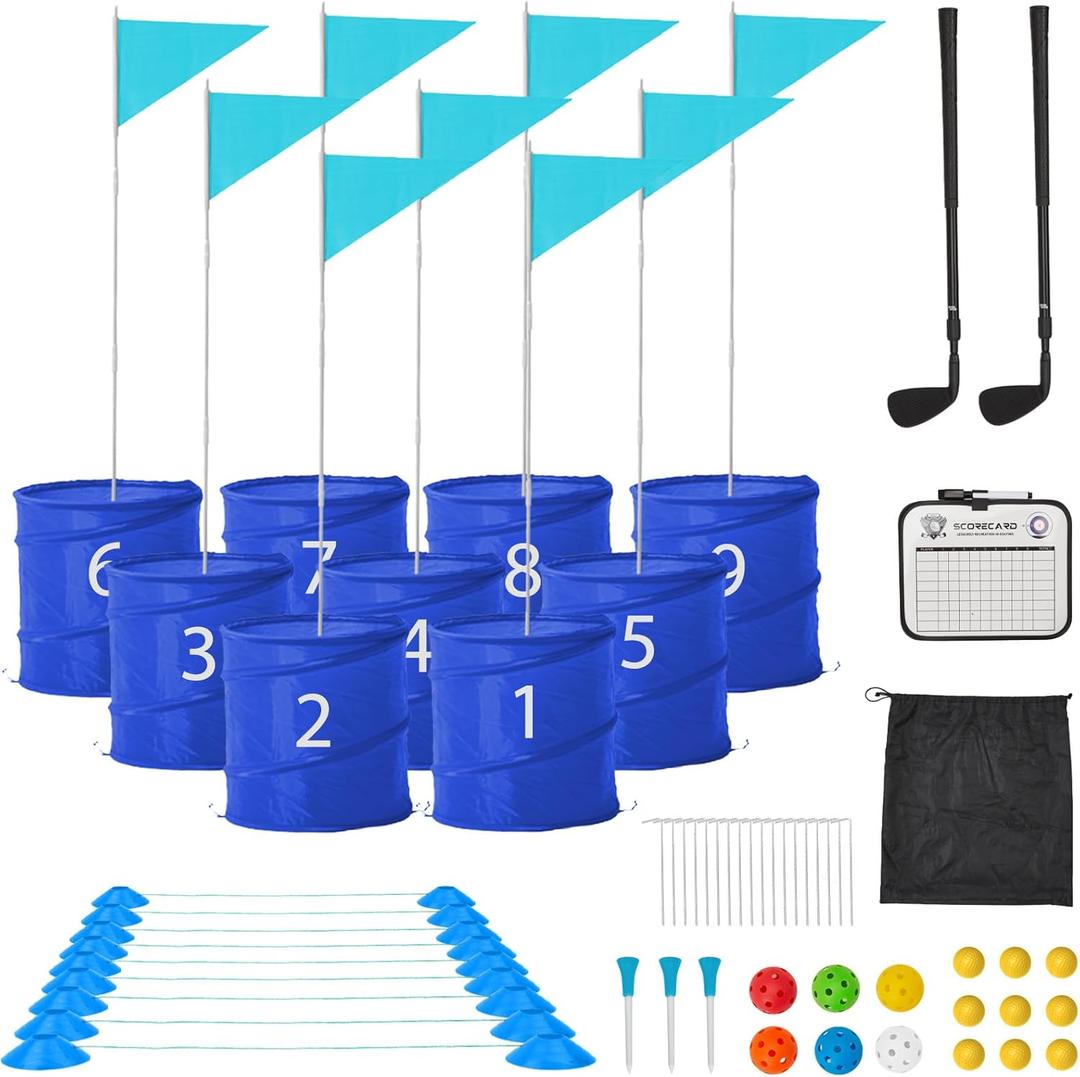 Bucket Yard Golf Game with Clubs 9 Hole Set Portable Low Tide Golf Game for Beach Backyard Lawn with 2 Golf Outdoor Indoor Golf Chipping Games for Adults Family Club Party (Blue, 9 Bucket)