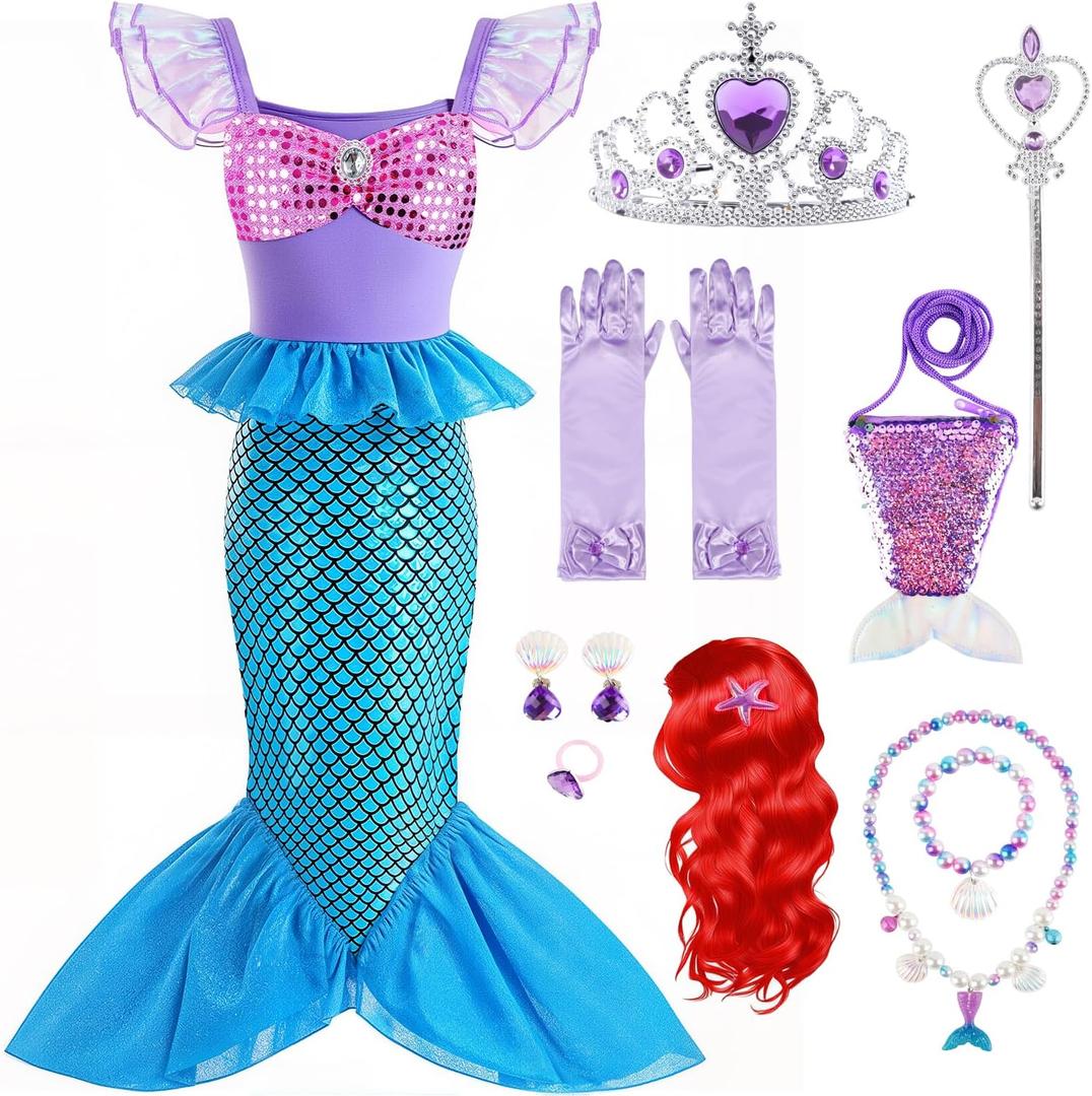 Girls Little Mermaid Costume Princess Dress Up Set with Wig Accessories for Halloween Cosplay Party 3-7 Years (Purple)