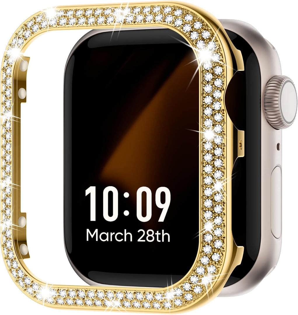 Missair Bling Case Compatible with Apple Watch Series 3 2 1, Women Glitter Double Row Crystal Diamond Frame Stainless Steel Metal Protective Cover Bumper for iWatch 38mm, Gold