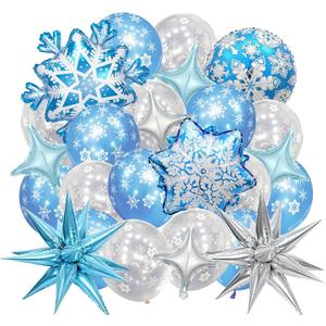 36Pcs Winter Party Balloon Decorations, Blue Silver Star Snowflake Foil Balloons Snowflake Latex Balloons for Winter Wonderland Xmas Holidays Birthday Party Decorations