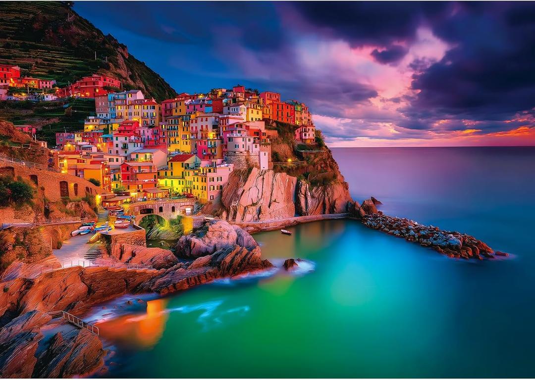 Cinque Terre Coastal Nightfall 1000 Piece Puzzle for Adults, Fun Puzzles for Adults 1000 Pieces with HD Print & Poster, 27.5 * 19.7 in Dust Free, for Gifts Halloween Christmas Family Games Lovers