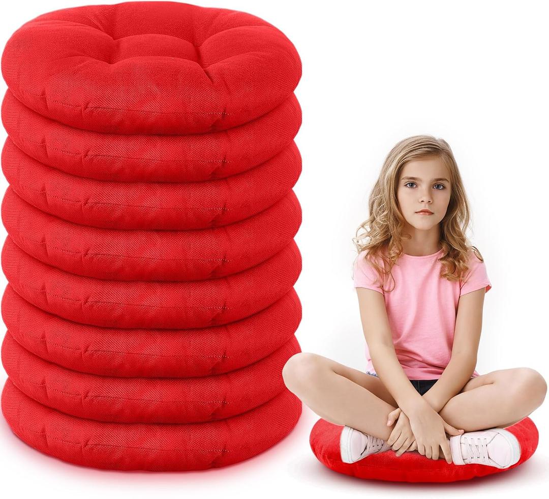 Fumete 8 Pcs 16 Inch Round Floor Cushions for Kids and Toddlers, Flexible Seating Classroom Furniture Floor Pillow for Home, Daycare, Preschool, Yoga and Meditation (Red)