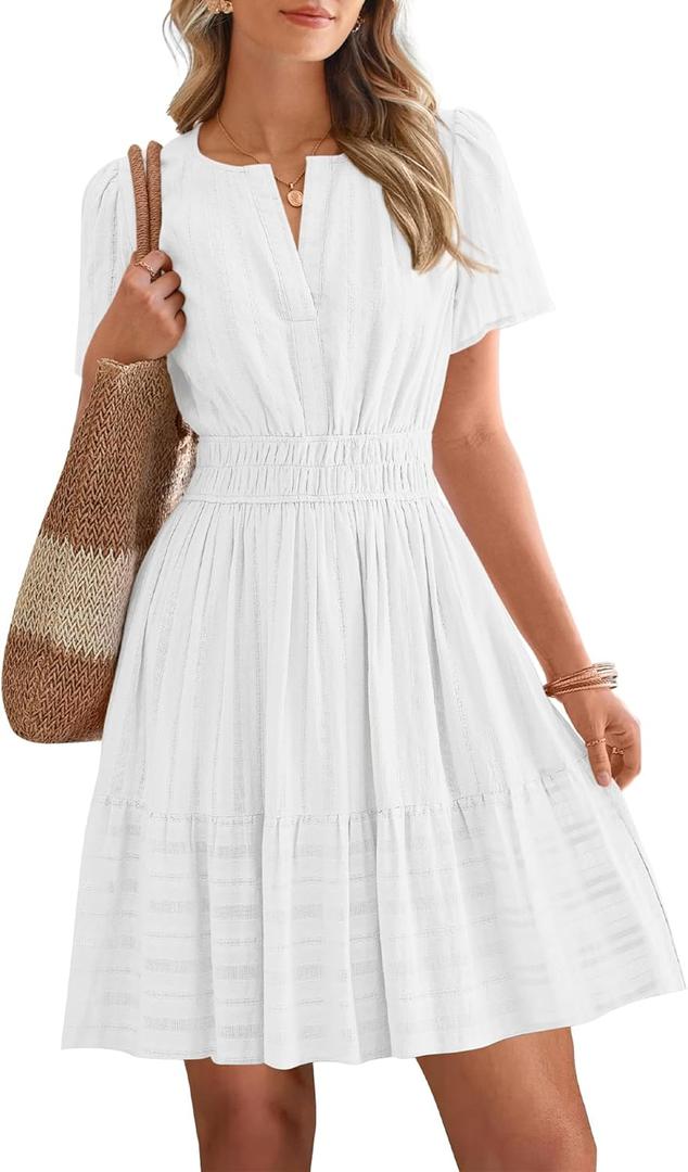 BTFBM Womens Spring 2026 Casual Mini Dresses Lightweight Short Sleeve V Neck Elastic Waist Cute Boho Beach Dress Pockets (X-Large, White)