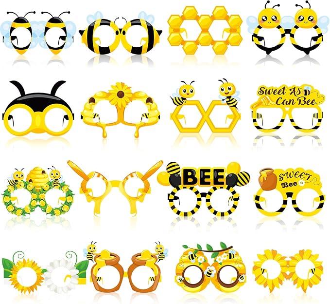 Threan 32 Pieces Bee Party Supplies Bulk Bee Glasses Honeycomb Sunflower Paper Eyeglasses for Summer Flower Birthday Party Baby Shower Costume Photo Booth Props Decorations Supplies