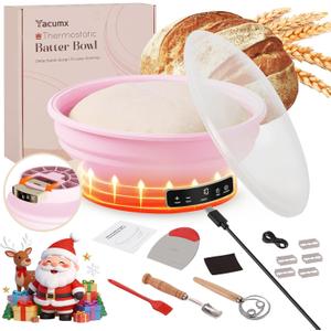 Electric Sourdough Starter Kit with 6-Temp (77-122) Control & Timer - 9" Foldable Sourdough Bread Baking Supplies & Dough Warmer - Complete Banneton Bread Proofing Basket Set for Home Bakers,Pink
